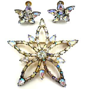 Jay Flex sterling silver gold plated AB rhinestones brooch screw back earrings